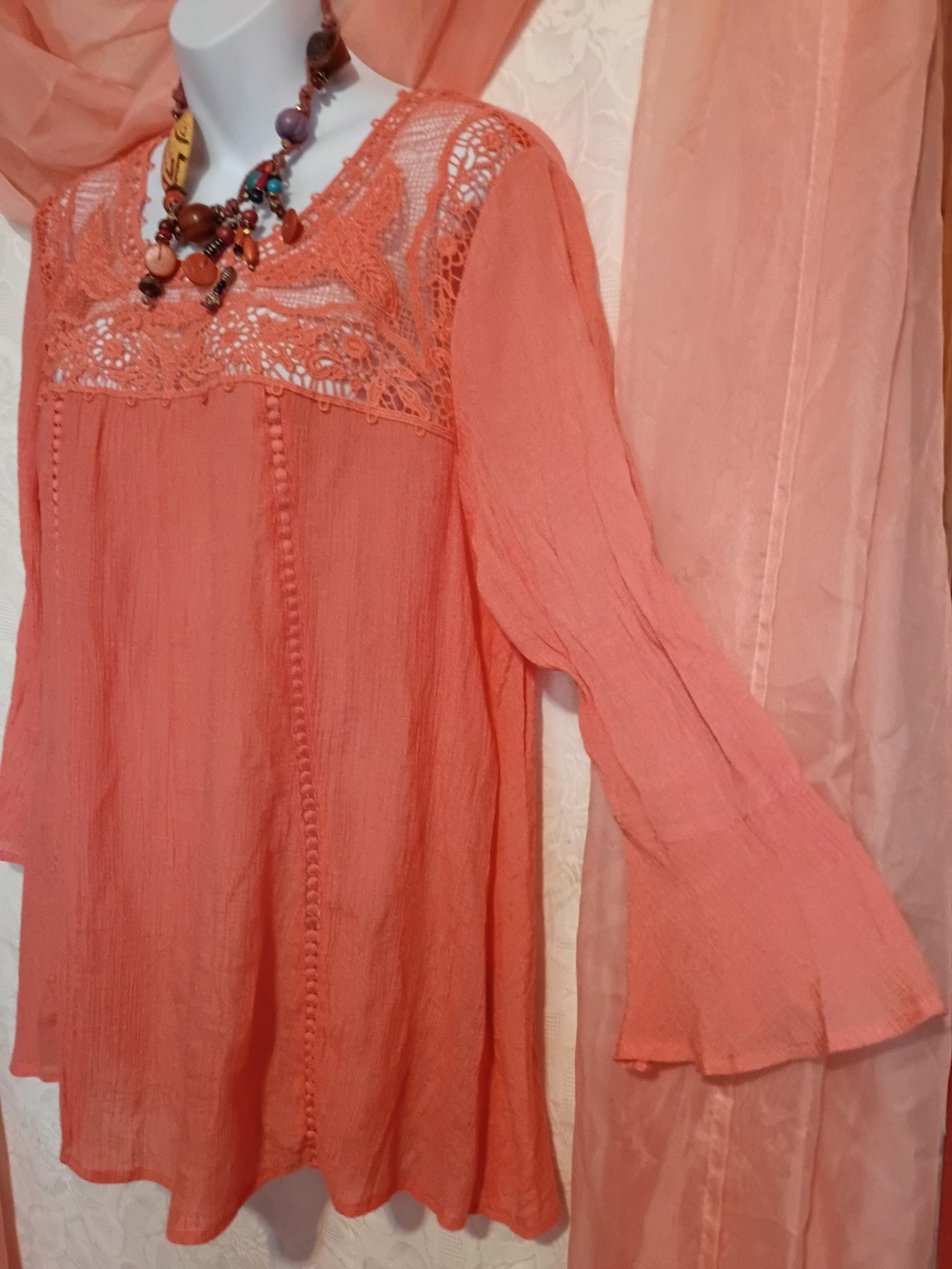 Zac & Rachel Ladies Coral Boho Lace Yoke Boho Blouse Sz Lg - Picture 2 of 9